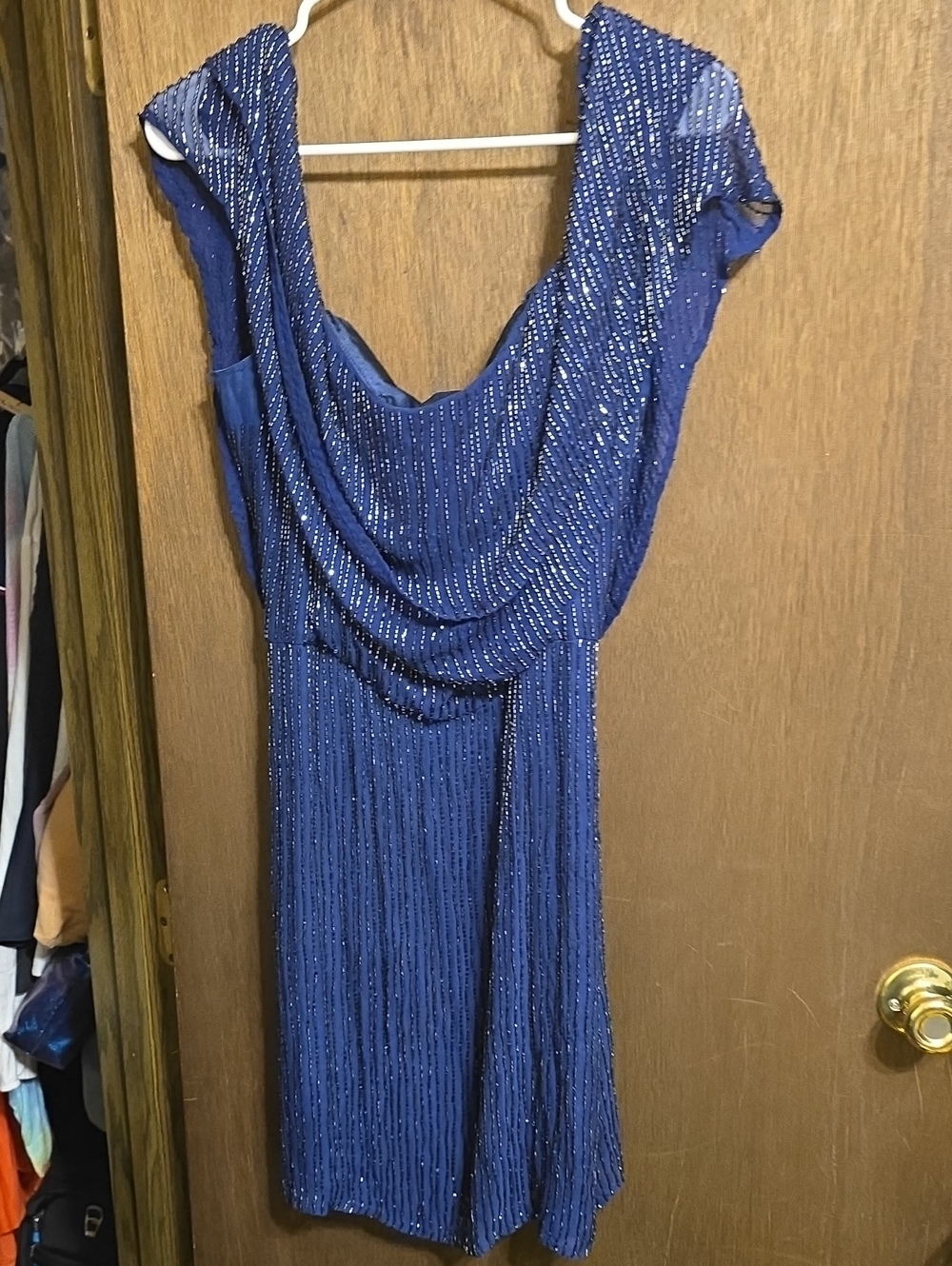 Parker Royal Blue Beaded Cowl Neck  Dress